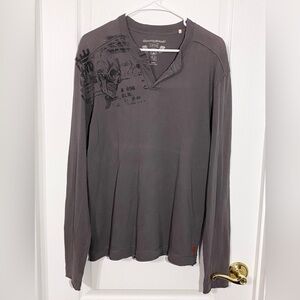 Y2K GUESS Long Sleeve Tee with Skull Graphic, Gray, Men’s Medium